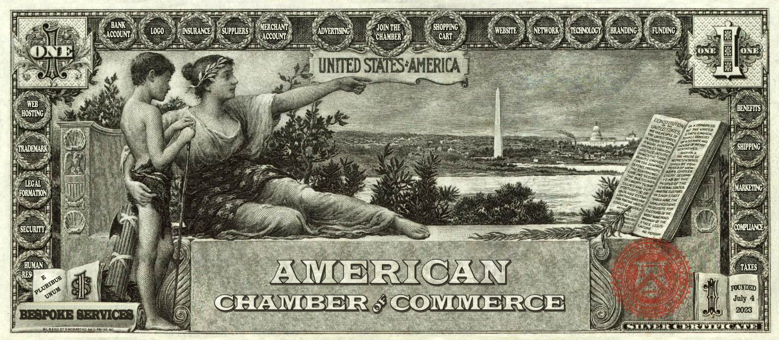 an old silver certificate one dollar bill modified to represent the american chamber of commerce and the strategic partners of their business stack