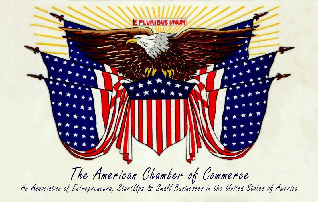 an early image of an eagle sitting on several flags, displaying the chamber motto e pluribus unum