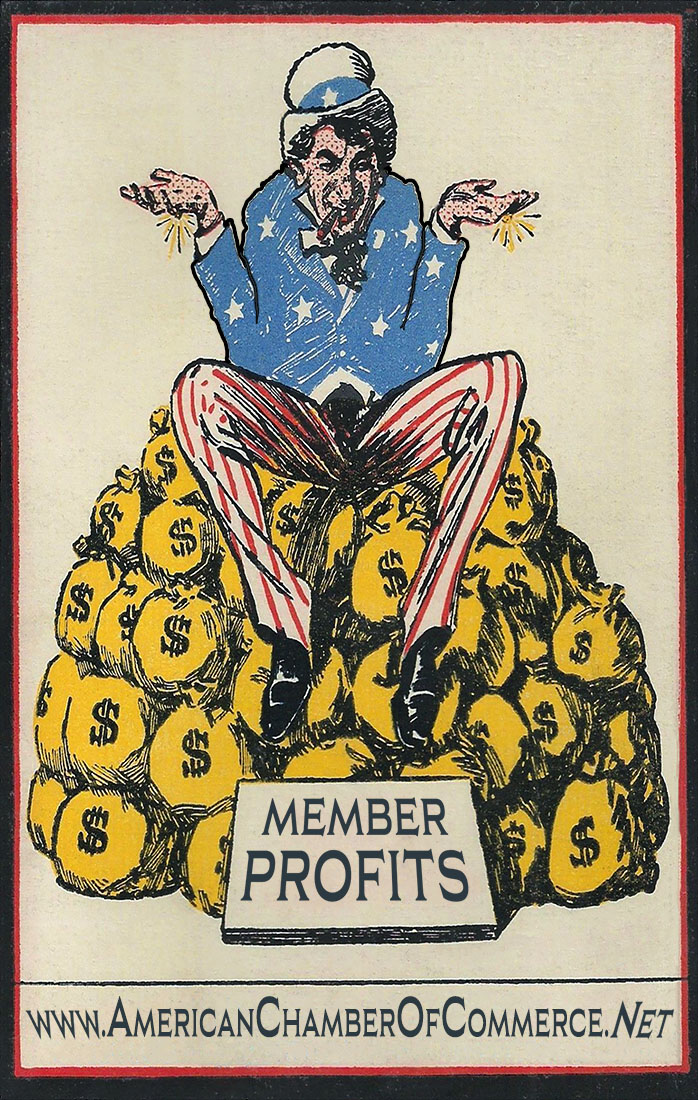 old print of uncle sam looking happy sitting on bags of money to illustrate chamber profits
