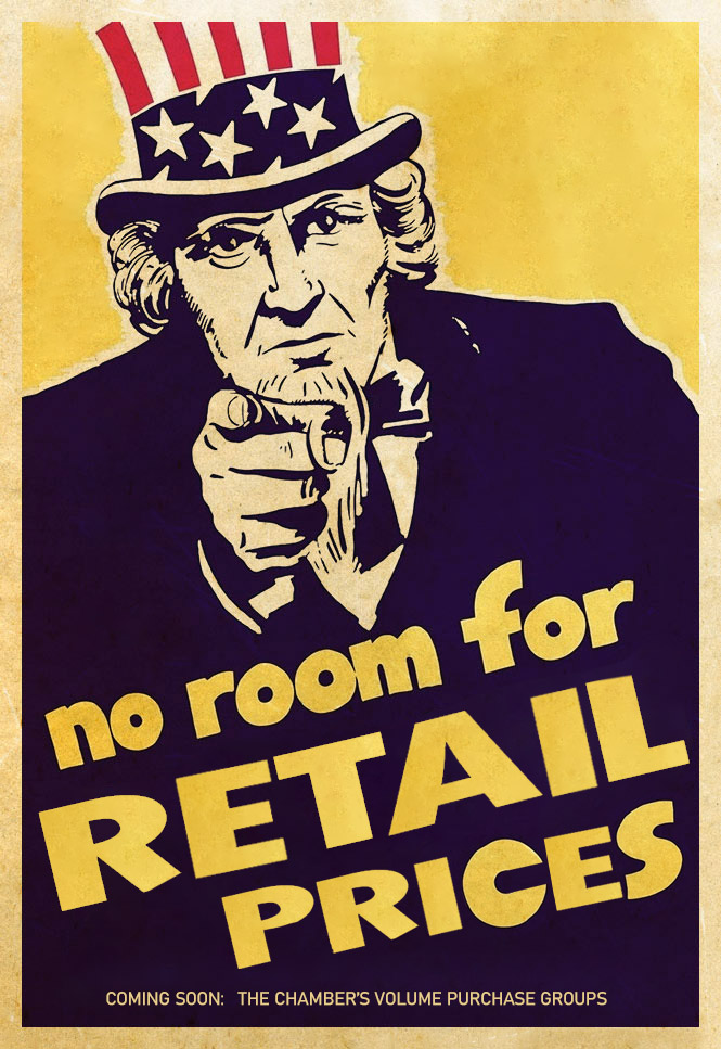 old WWI poster of uncle sam modified to say no room for retail prices with the chamber