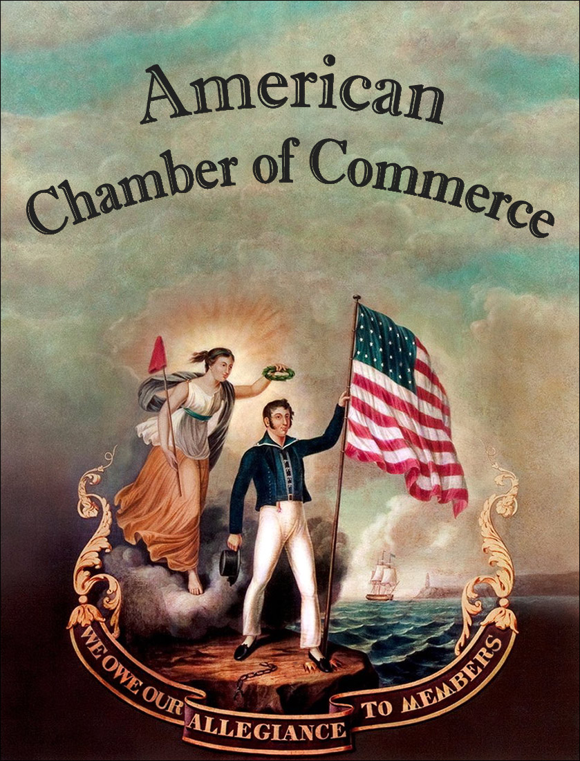 a clonial painting of lady liberty and a man holding a flag proclaiming allegiance to chamber members