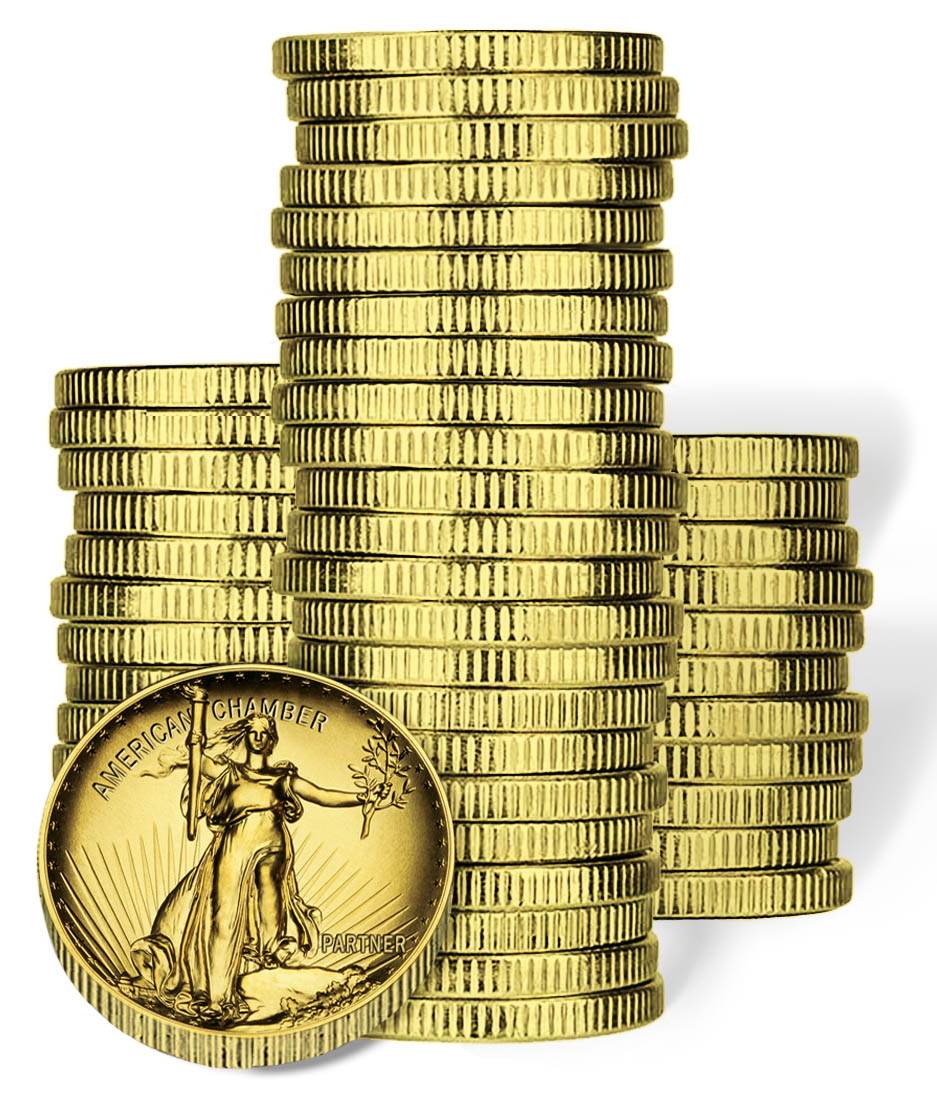 image of a tall stack of silver dollars with one coin branded with the chamber name representing the chamber's partner/business stack